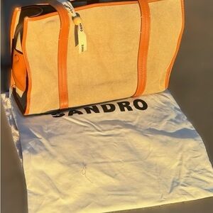 Sandro Shopper Bag in Cotton and Cowhide Beige Canvas Tote with Leather Trim